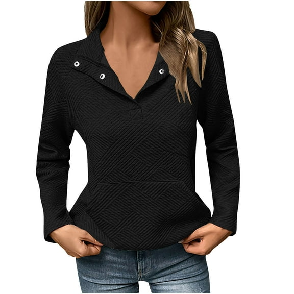 UAMVSH Sweatshirt for Women Textured Long Sleeve Shirts Dressy Casual Button Collar Pullover Tops with Pocket Fall Winter Outfits
