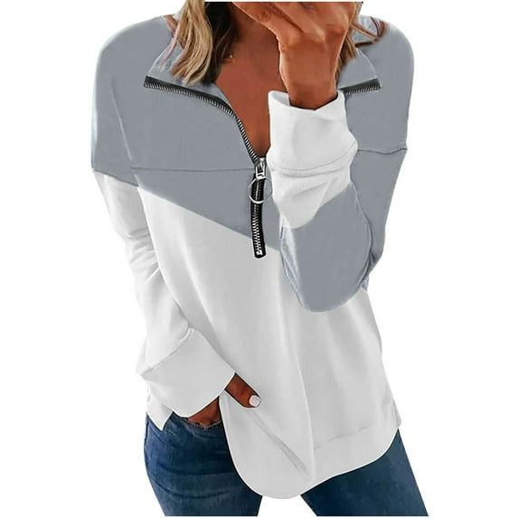 UAMVSH Sweatshirts for Women Basic Half Zipper Long Sleeve Tunic Pullover Trendy Fall Stand Neck Color Block Long Sleeve Tops(Medium,Gray)