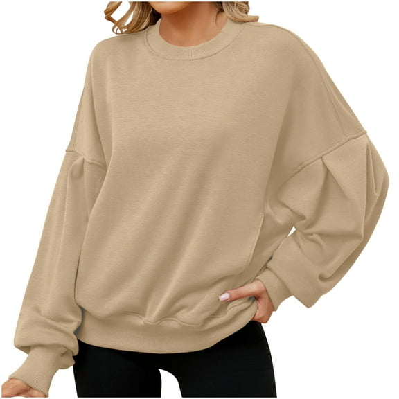 UAMVSH Sweatshirts for Women Casual Crew Neck Long Sleeve Pullover Tops Basic Baggy Solid Color Shirts Ladies Fall Outfits(X-Large,Beige)