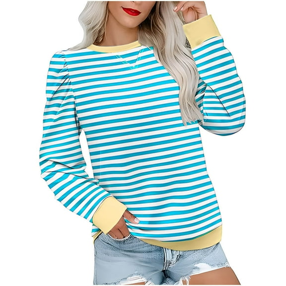 UAMVSH Sweatshirts for Women Casual Long Sleeve Stripe Printed Pullover Oversized Crew Neck Basic Top Ladies Trendy Fall Outfits(X-Large,Blue)