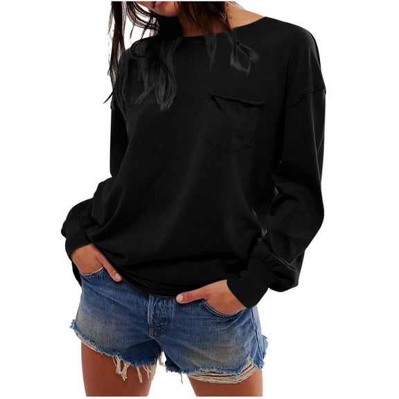 UAMVSH Sweatshirts for Women Trendy Front Pockets Crew Neck Beach Vacation Pullover Tops Comfy Casual Long Sleeve Fall Tee Blouses(Large,Black)