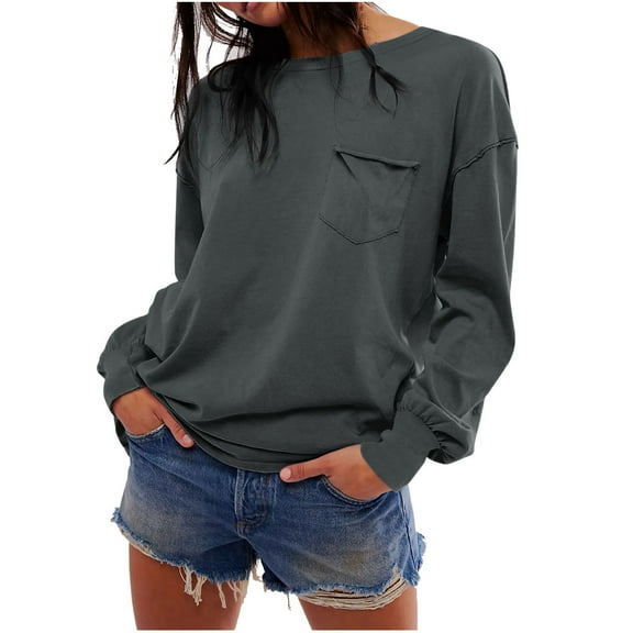 UAMVSH Sweatshirts for Women Trendy Front Pockets Crew Neck Beach Vacation Pullover Tops Comfy Casual Long Sleeve Fall Tee Blouses(Large,Gray)