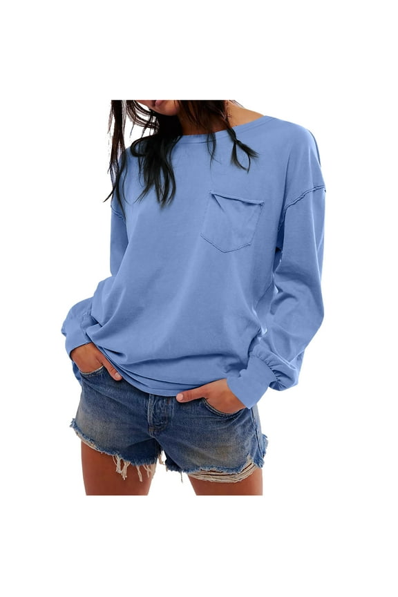 Sweatshirts for Women Trendy Front Pockets Crew Neck Beach Vacation Pullover Tops Comfy Casual Long Sleeve Fall Tee Blouses(Large,Light Blue)