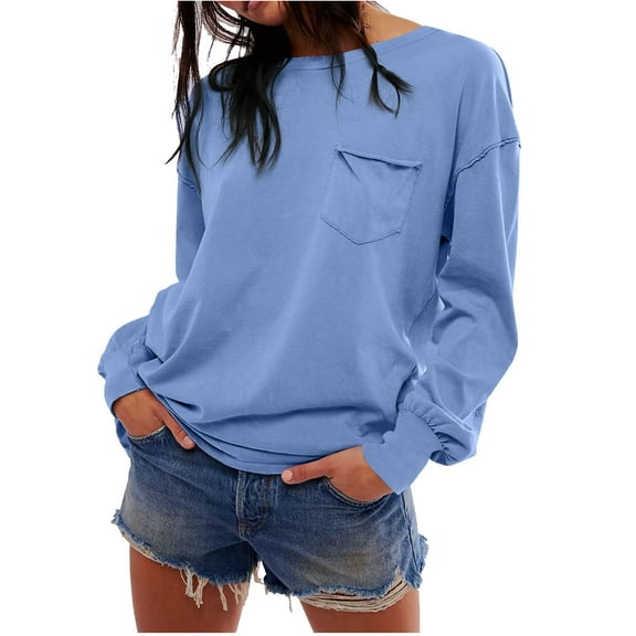 UAMVSH Sweatshirts for Women Trendy Front Pockets Crew Neck Beach Vacation Pullover Tops Comfy Casual Long Sleeve Fall Tee Blouses(Large,Light Blue)