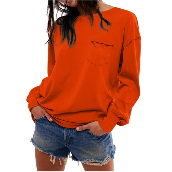 UAMVSH Sweatshirts for Women Trendy Front Pockets Crew Neck Beach Vacation Pullover Tops Comfy Casual Long Sleeve Fall Tee Blouses(Small,Orange)