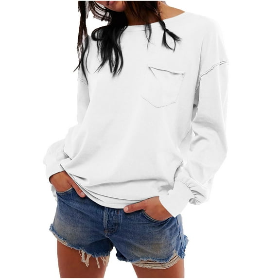 UAMVSH Sweatshirts for Women Trendy Front Pockets Crew Neck Beach Vacation Pullover Tops Comfy Casual Long Sleeve Fall Tee Blouses(Small,White)