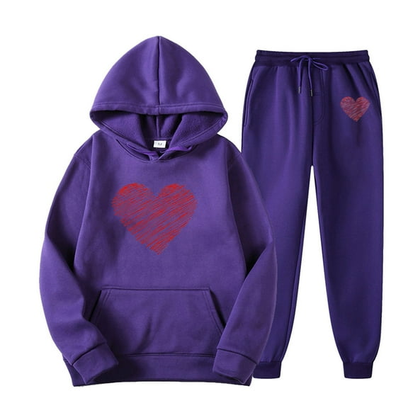 UAMVSH Sweatsuit Sets for Women Classic Valentine's Day Heart Printed Hoodie Sweatshirts and Sweatpants Sets 2 Piece Long Sleeve Tracksuits(X-Large,Purple 1)