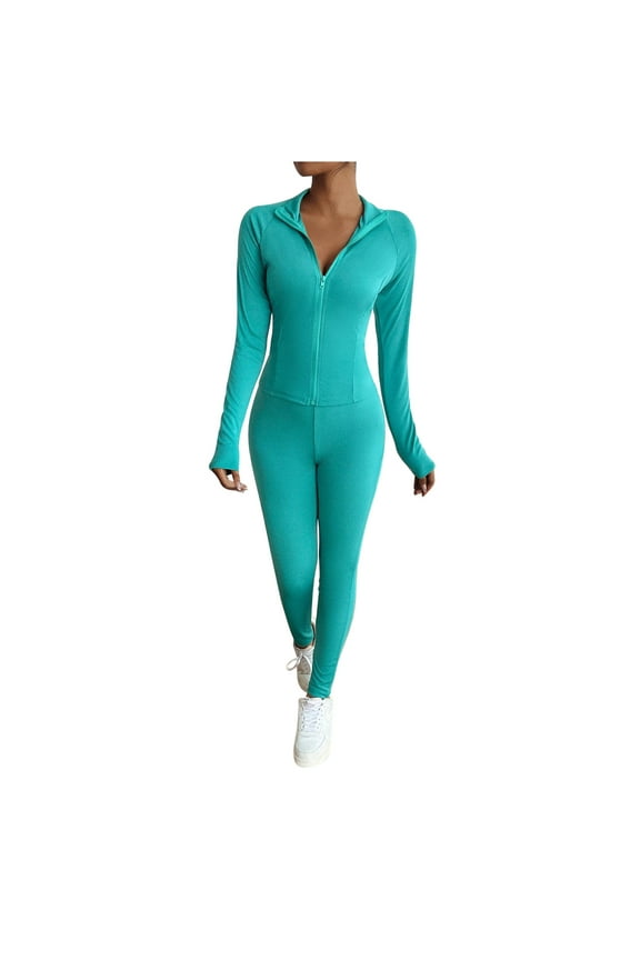 Sweatsuit Sets for Women 2 Piece Outfits Slim Fit Full Zip Yoga Jacket Tops Matching Leggings Skinny Stretchy Workout Tracksuits(X-SmallGreen)