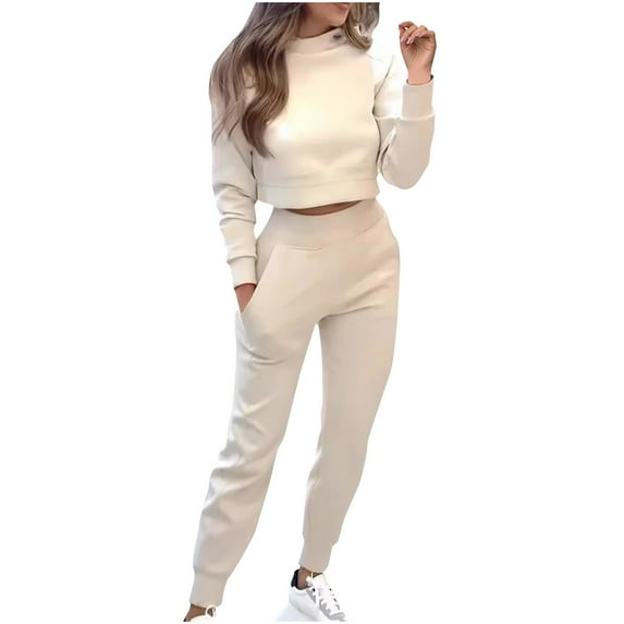 UAMVSH Sweatsuits Women 2 Piece Outfit Long Sleeve Cropped Sweatshirt and Jogger Pants Tracksuit Crewneck Comfy Lounge Sets with Pockets