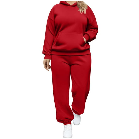 UAMVSH Sweatsuits for Women 2 Piece Outfits Plus Size Long Sleeve Hoodie High Elastic Waisted Jogger Sweatpants Oversized Tracksuits Sets(3X-Large,Red 1)