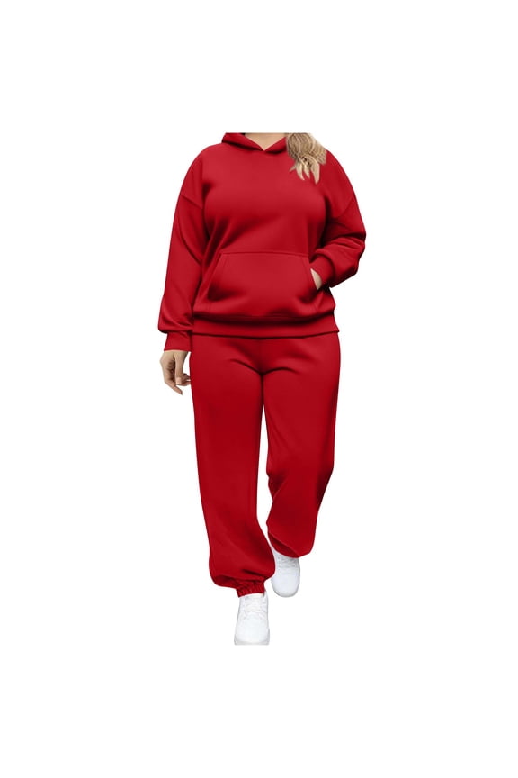 Sweatsuits for Women 2 Piece Outfits Plus Size Long Sleeve Hoodie High Elastic Waisted Jogger Sweatpants Oversized Tracksuits Sets(3X-Large,Red 1)