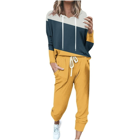 UAMVSH Sweatsuits for Women 2 Piece Outfits Color Block Pullover Hoodies Jogger Pants Tracksuit Trendy Long Sleeve Lounge Sets