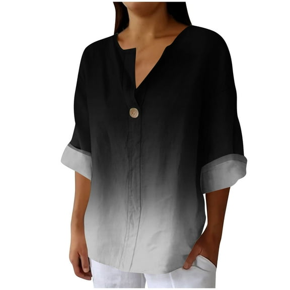 UAMVSH T Shirt Shirts for Women Long Sleeve Cotton Linen Casual Tops Trendy Printed Long Sleeve Button Vacation Work Tee Blouses(3X-Large,Black)