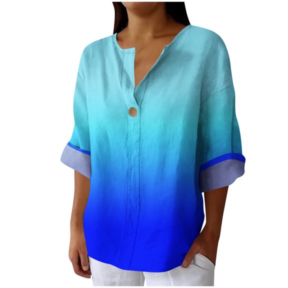 UAMVSH T Shirt Shirts for Women Long Sleeve Cotton Linen Casual Tops Trendy Printed Long Sleeve Button Vacation Work Tee Blouses(Large,Blue)
