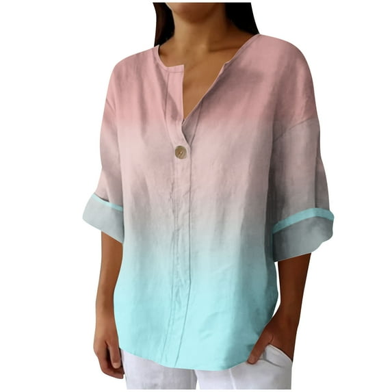 UAMVSH T Shirt Shirts for Women Long Sleeve Cotton Linen Casual Tops Trendy Printed Long Sleeve Button Vacation Work Tee Blouses(Large,Mint Green)