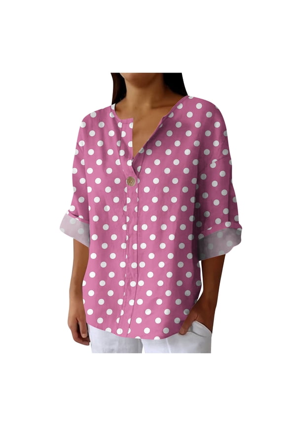 T Shirt Shirts for Women Long Sleeve Cotton Linen Casual Tops Trendy Printed Long Sleeve Button Vacation Work Tee Blouses(Large,Pink 1)