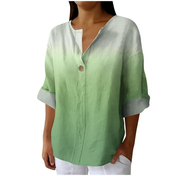 UAMVSH T Shirt Shirts for Women Long Sleeve Cotton Linen Casual Tops Trendy Printed Long Sleeve Button Vacation Work Tee Blouses(Small,Green)