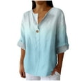 thumbnail image 1 of UAMVSH T Shirt Shirts for Women Long Sleeve Cotton Linen Casual Tops Trendy Printed Long Sleeve Button Vacation Work Tee Blouses(X-Large,Light Blue), 1 of 5
