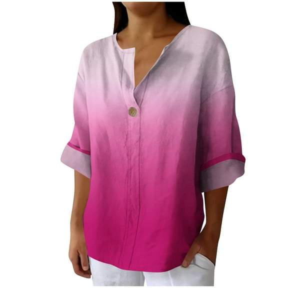 UAMVSH T Shirt Shirts for Women Long Sleeve Cotton Linen Casual Tops Trendy Printed Long Sleeve Button Vacation Work Tee Blouses(XX-Large,Hot Pink)
