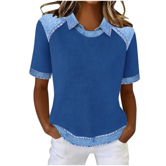 UAMVSH T Shirts for Women Casual Short Sleeve Lapel Knit Tops Color Block Loose Comfy Blouses Trendy Going Out Outfits