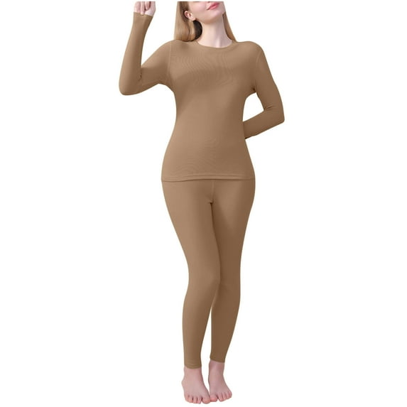 UAMVSH Thermal Underwear 2 Piece Sets for Women Warm Winter Long Sleeve Layering Tops with Skinny Pants Comfy Loungewear Outfits(Large,Coffee 1)
