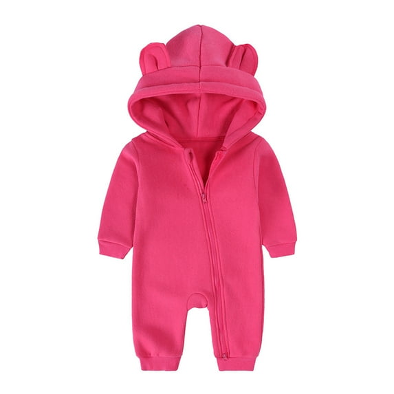 UAMVSH Toddler Baby Jumpsuits Thermal Ear Hooded Fleece Rompers Clothes Infant Boys Girls Long Sleeve Onesie with Zipper(12-18 Months,Hot Pink 1)