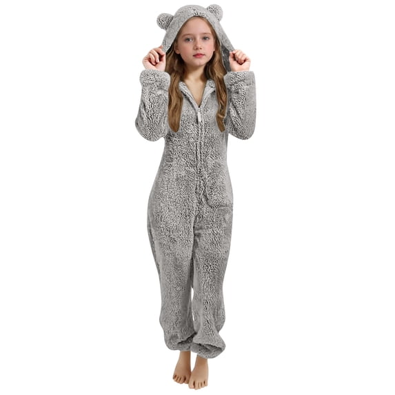 UAMVSH Toddler Boys Girls Zipper Jumpsuits Fleece Ears Long Sleeve Hooded Romper Soft Fuzzy Warm One Piece Outfits Winter Clothes 5-15Y