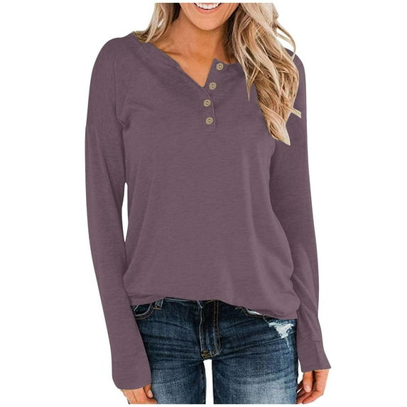 UAMVSH Tops for Women Basic V-Neck Button down Business Shirts Loose Fit Casual Long Sleeve Ladies Plain Pullover Tees(3X-Large,Purple 2)