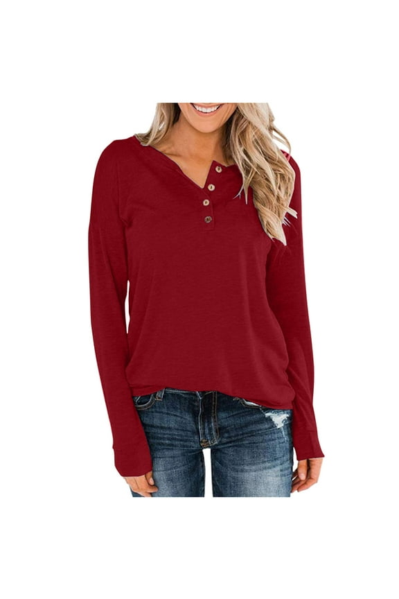 Tops for Women Basic V-Neck Button down Business Shirts Loose Fit Casual Long Sleeve Ladies Plain Pullover Tees(X-Large,Red)