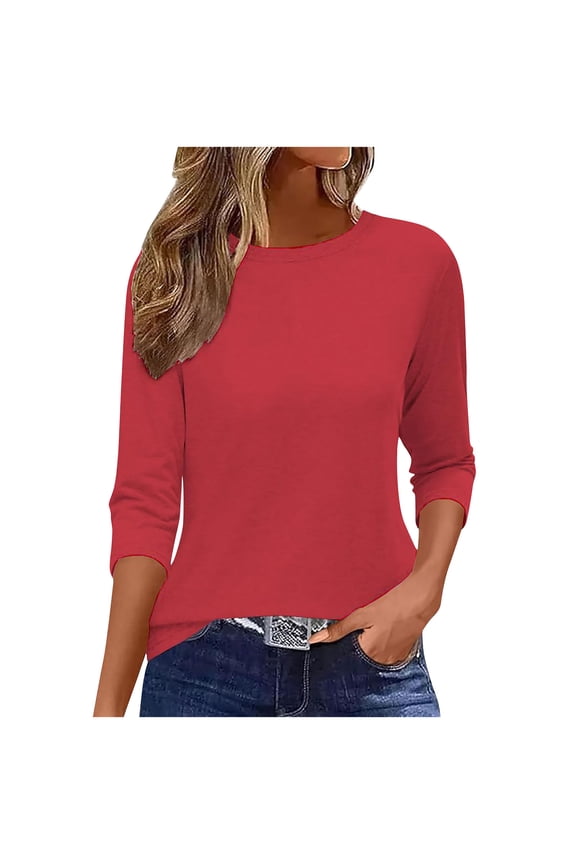 Tops for Women Basic 3/4 Sleeve Casual Summer Tunic Shirts Fall Crew Neck Solid Color Vacation Business Work Tees(Small,Red)