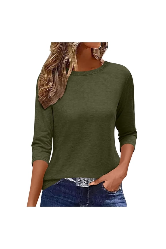 Tops for Women Basic 3/4 Sleeve Casual Summer Tunic Shirts Fall Crew Neck Solid Color Vacation Business Work Tees(X-Large,Army Green)