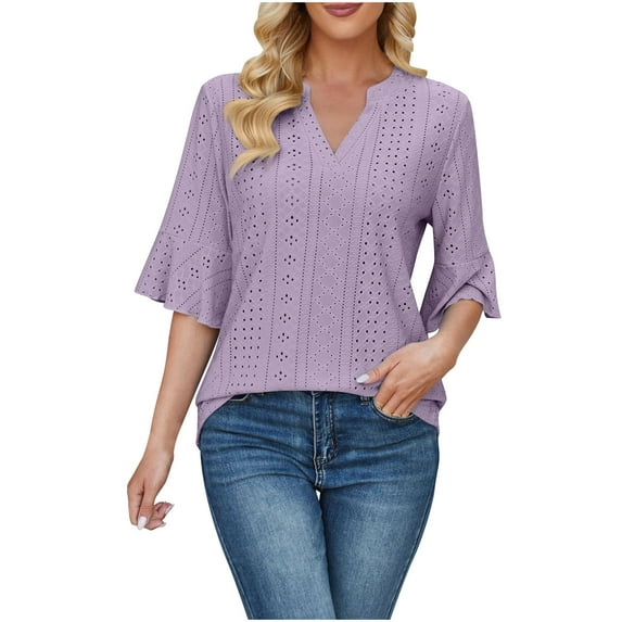 UAMVSH Tops for Women Eyelet Dressy Casual V Neck Ruffle Sleeve Shirts Fashion Summer Going out Blouses