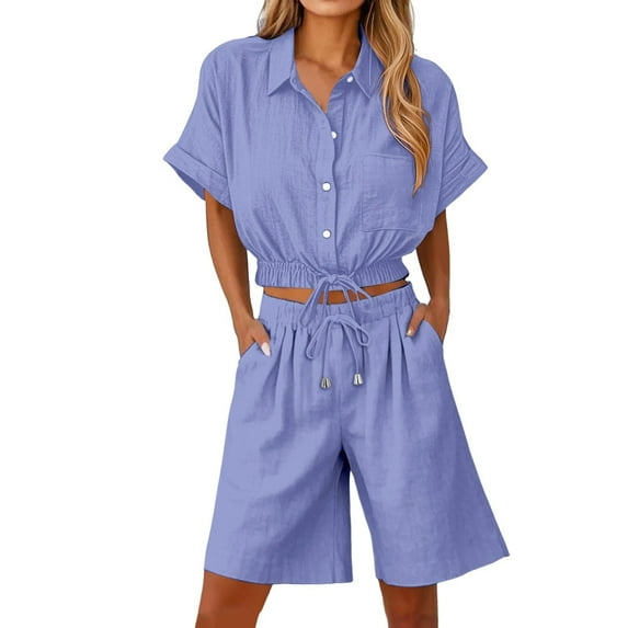 UAMVSH Travel 2 Piece Sets Cotton Linen Beach Vacation Outfits Short Sleeve Button down Shirts and Bermuda Shorts Loungewear(Large,Purple)