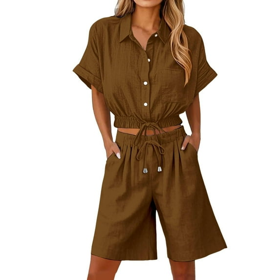 UAMVSH Travel 2 Piece Sets Cotton Linen Beach Vacation Outfits Short Sleeve Button down Shirts and Bermuda Shorts Loungewear(Small,Brown)