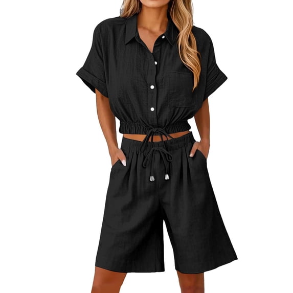 UAMVSH Travel 2 Piece Sets Cotton Linen Beach Vacation Outfits Short Sleeve Button down Shirts and Bermuda Shorts Loungewear(XX-Large,Black)