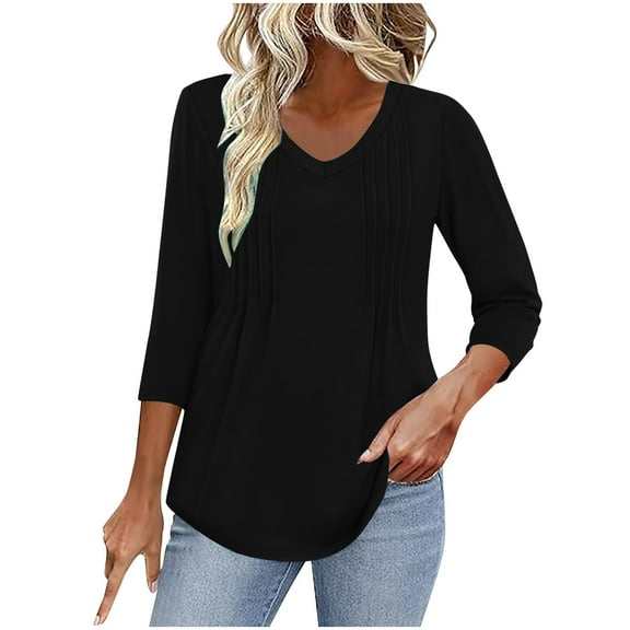 UAMVSH Tunic Tops for Women Fashionable 3/4 Sleeve Pleated Front Shirts Casual V-Neck Solid Color Business Dressy Blouses(Large,Black)