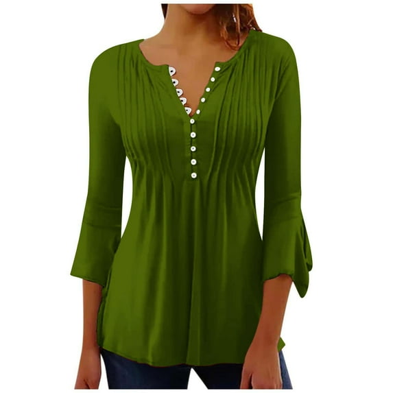 UAMVSH Tunic Tops for Women Trendy 3/4 Bell Sleeve Shirts Pleated Front V Neck Tees Slim Fit Button down Blouses(X-Large,Army Green)