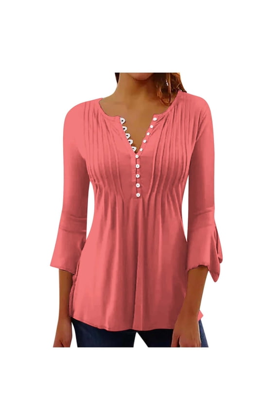 Tunic Tops for Women Trendy 3/4 Bell Sleeve Shirts Pleated Front V Neck Tees Slim Fit Button down Blouses(X-Large,Watermelon Red)