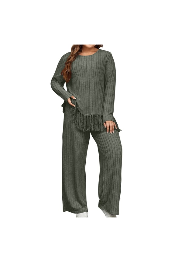 Two Piece Lounge Sets for Women Plus Size Ribbed Knitted Tassel Hem Long Sleeve Tops and Wide Leg Pants Sweater Suit Outfits(3X-LargeGreen)