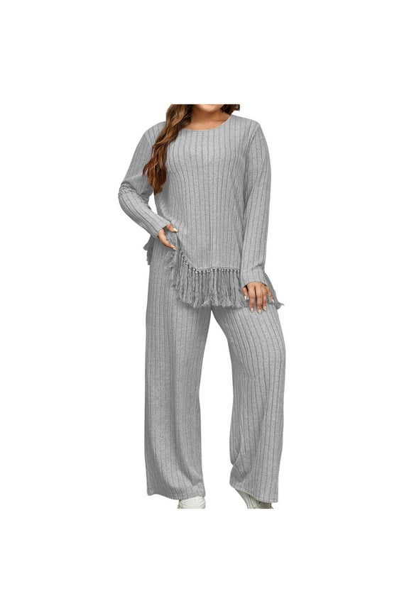 Two Piece Lounge Sets for Women Plus Size Ribbed Knitted Tassel Hem Long Sleeve Tops and Wide Leg Pants Sweater Suit Outfits(4X-LargeGray)