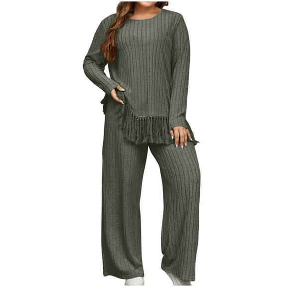 UAMVSH Two Piece Lounge Sets for Women Plus Size Ribbed Knitted Tassel Hem Long Sleeve Tops and Wide Leg Pants Sweater Suit Outfits(XX-LargeGreen)