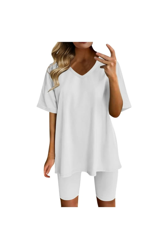 Two Piece Outfits for Women Casual Soft Short Sleeve Athletic Tops Sets with Biker Shorts Trendy Workout Sports Tracksuit(Medium,White)