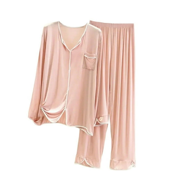 UAMVSH Two Piece Pajama Sets for Women Long Sleeve V Neck Sleepwear Soft Pjs Nightwear Comfy Pjs Set with Pocket