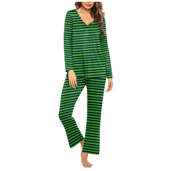 UAMVSH Two Piece Pjs Sets Womens Lounge Sets V-Neck Long Sleeve Top with Striped Pants Loose Comfy Nightwear