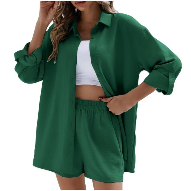 UAMVSH Two Piece Sets for Women Rolled Up Long Sleeve Lounge Sets Collared Button Down Shirts with Shorts Set Beach Vacation Outfits