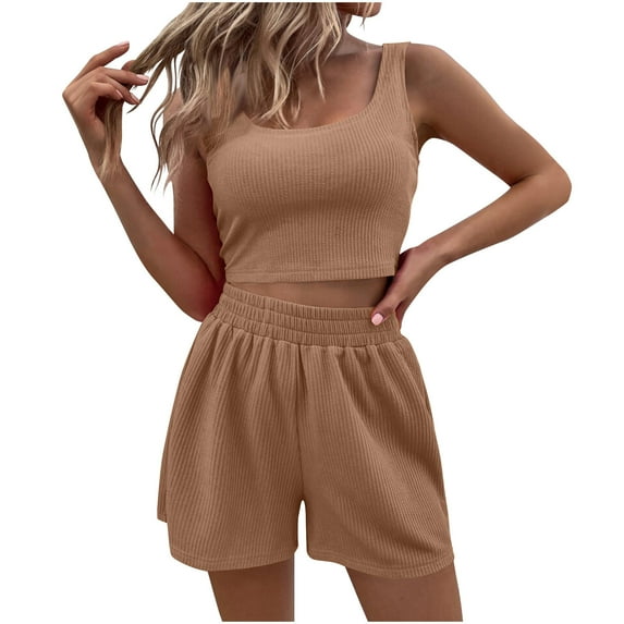 UAMVSH Two Piece Summer Outfits Fall 2 Piece Lounge Sets Trendy Ribbed Wide Strap Matching Crop Tank Tops High Waisted Shorts(3X-Large,Khaki 1)