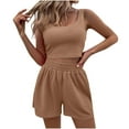 thumbnail image 1 of UAMVSH Two Piece Summer Outfits Fall 2 Piece Lounge Sets Trendy Ribbed Wide Strap Matching Crop Tank Tops High Waisted Shorts(Small,Khaki 1), 1 of 7