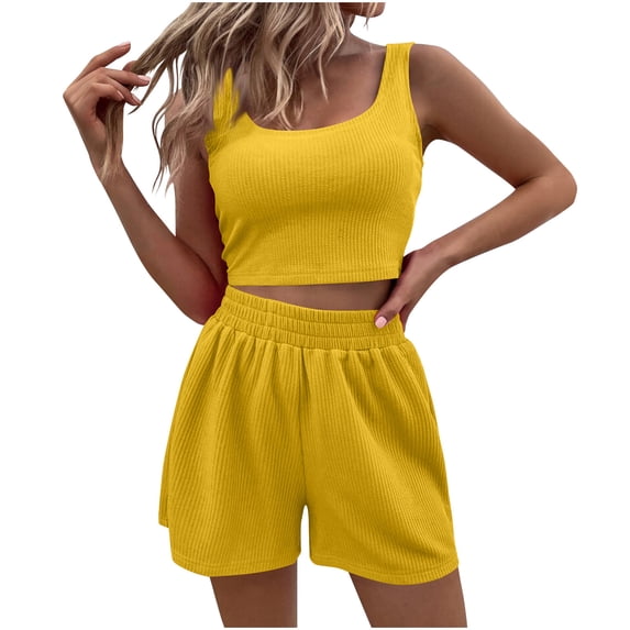 UAMVSH Two Piece Summer Outfits Fall 2 Piece Lounge Sets Trendy Ribbed Wide Strap Matching Crop Tank Tops High Waisted Shorts(X-Large,Yellow 1)