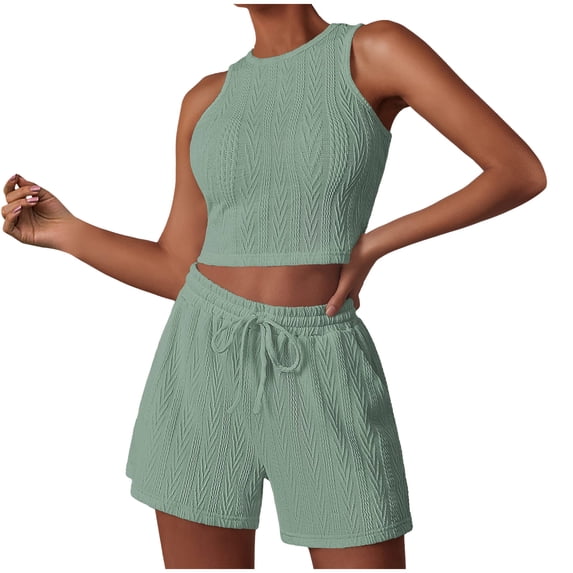 UAMVSH Two Piece Sweater Short Sets for Women Textured Sleeveless Lounge Sets Crewneck Crop Tank Tops Matching Outfits with Pockets