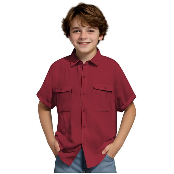 UAMVSH Unisex Children Linen Shirts Button Down Short Sleeve Tops Kids Casual Collared Beach Summer T-Shirt with Pockets